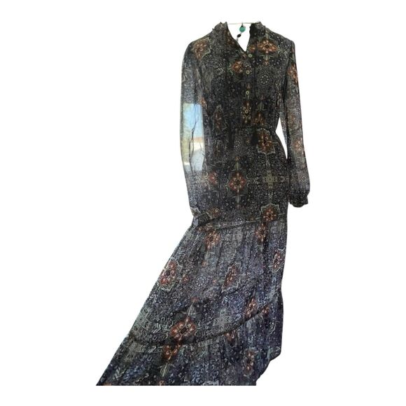 Xhilaration Dark Boho Sheer Maxi Dress Size SM Tiered Floral Whimsigoth Romantic - Picture 8 of 15
